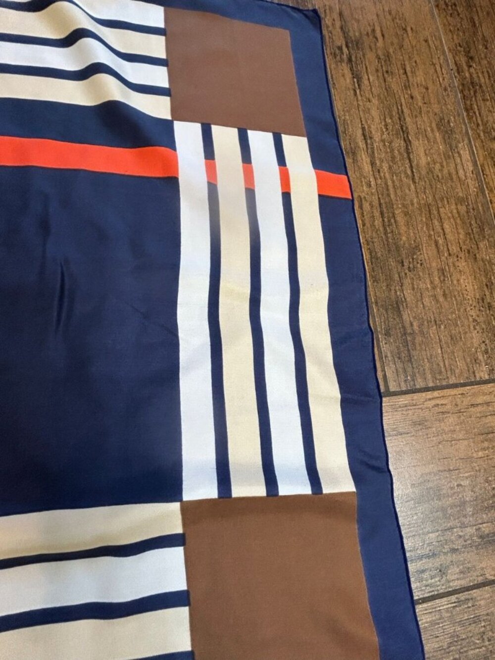 Vintage 70s 80s Geometric 24" Square 100% Silk Scarf Blue Brown Orange - Picture 7 of 9